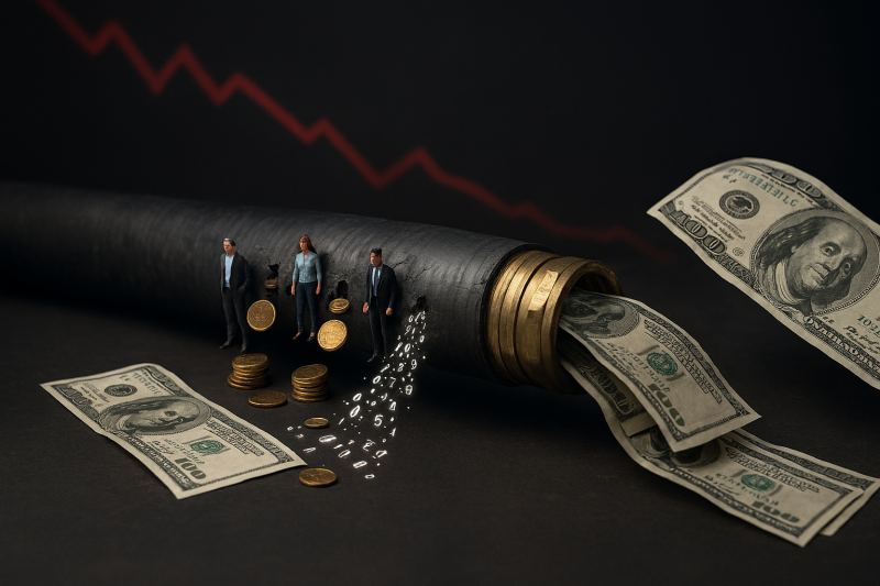 Mangueira de dinheiro, com furos por onde vazam dinheiro, clientes e dados.